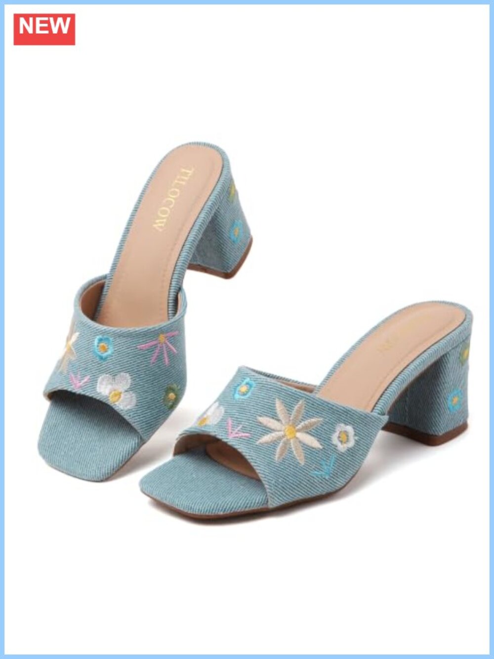 Womens Embroidered Square Toe Slip On Mule Sandals Block Heel